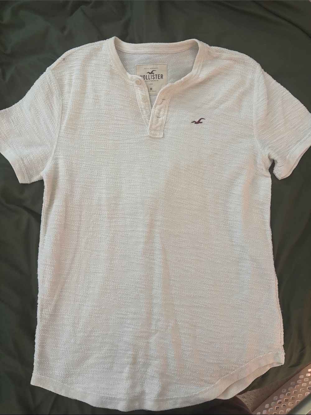 Hollister White Textured Short-Sleeve Henley with Embroidered Logo